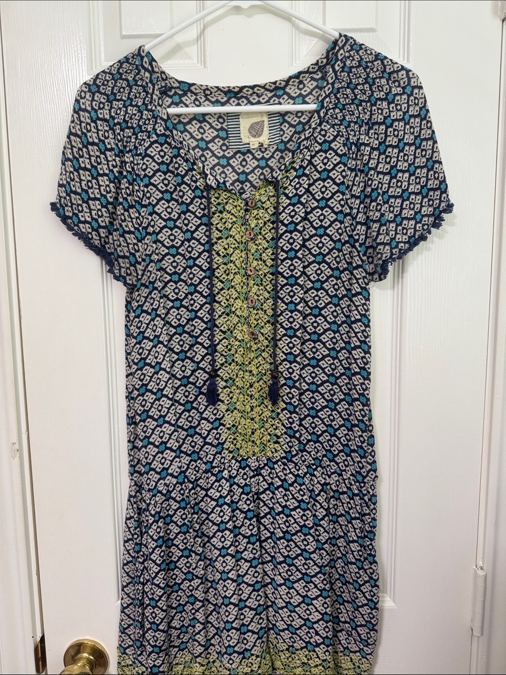 Anthropologie Navy Blue Printed Short-Sleeve Romper with Green Embroidery